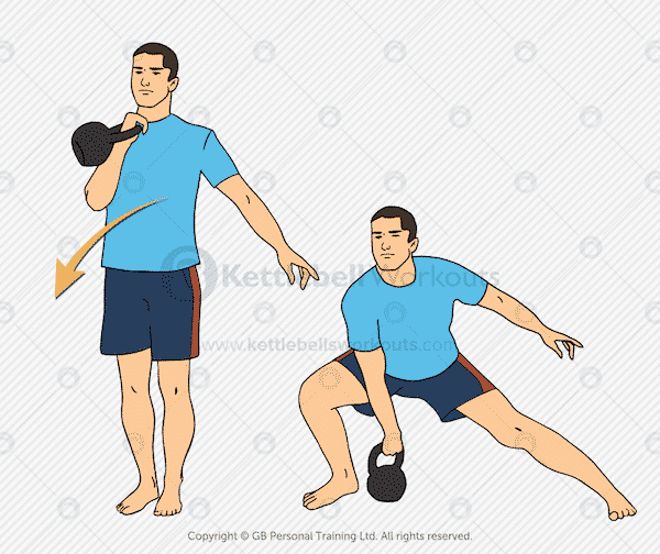 Ejercicio de extensión lateral y limpieza con kettlebell