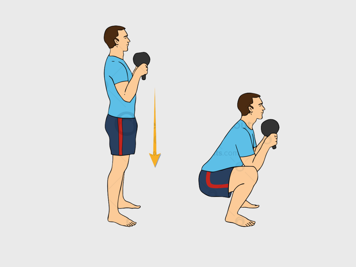 Illustration of man performing a kettlebell goblet squat holding a kettlebell at chest height.